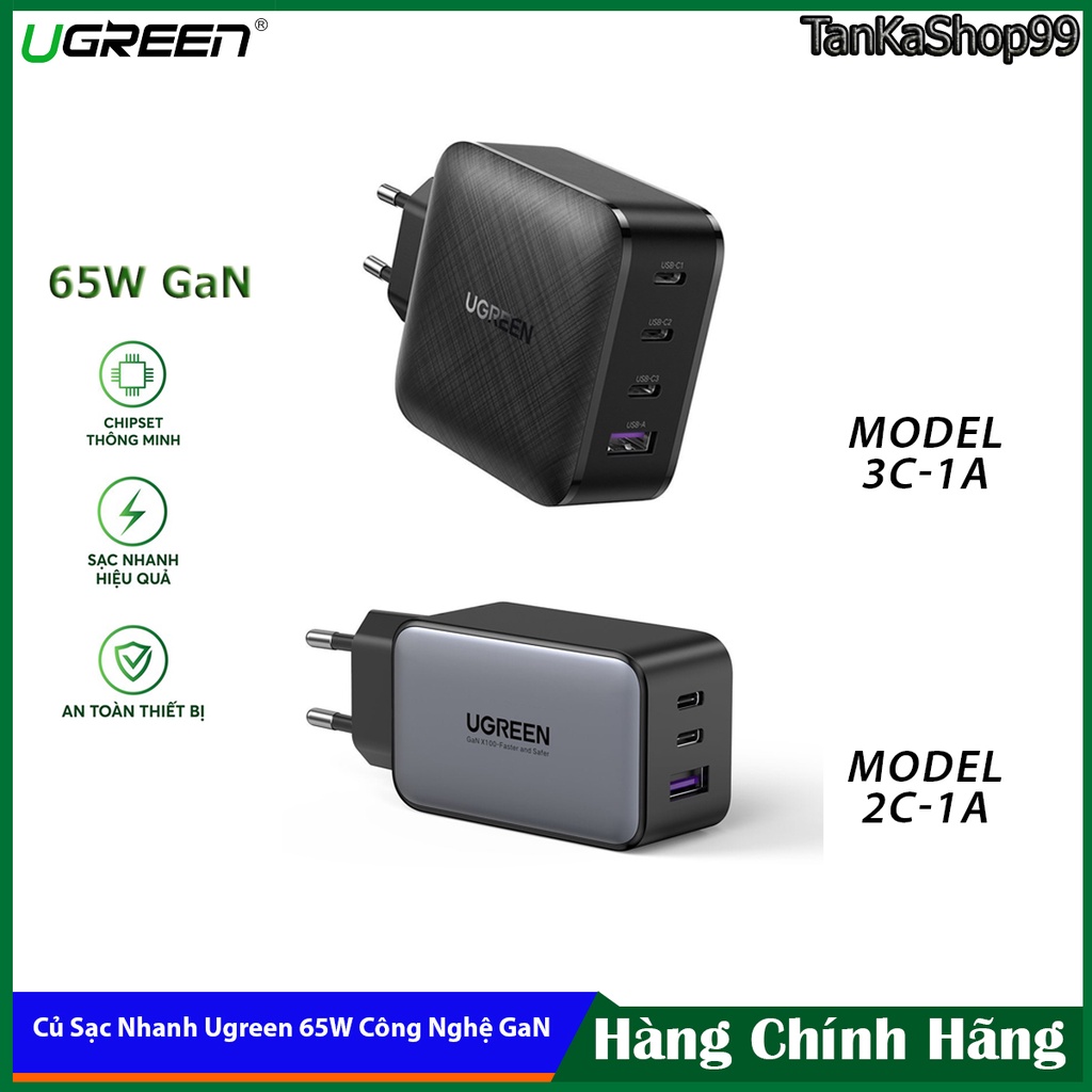 Củ Sạc 4 Cổng Ugreen 65W GaN, 3 Usb-C + 1 Usb-A, Sạc Nhanh PD PPS QC cho điện thoại, laptop, máy tính bảng