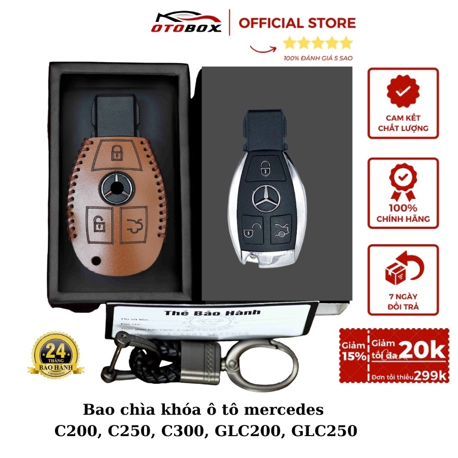 Bao da chìa khóa smartkey ô tô xe hơi Mercedes GLC chính hãng OTOBOX, da bò thật, khắc tên chủ xe, bảo hành 2 năm