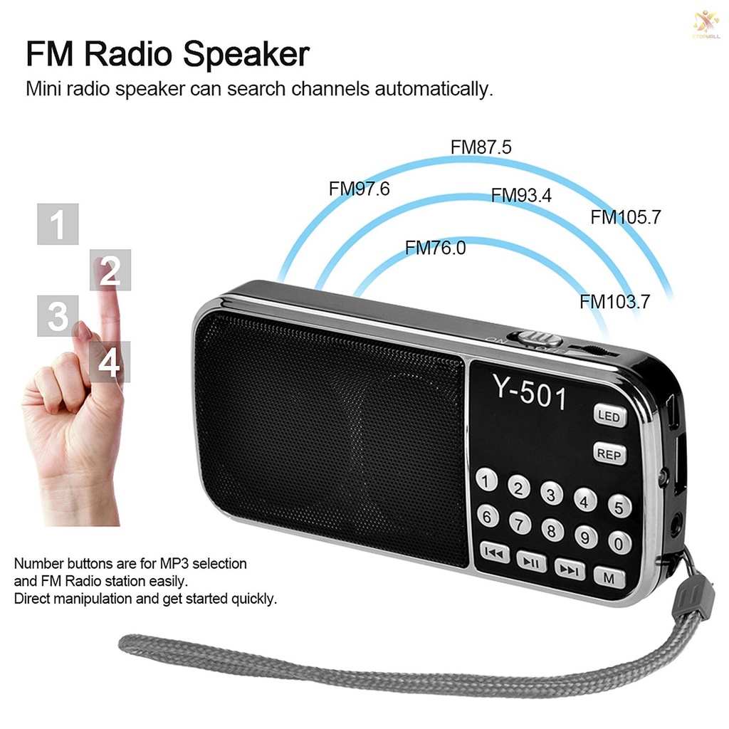 Máy Nghe Nhạc Mp3 Mini Fm Y-501 3w W / 0.75 Inch Hỗ Trợ Thẻ Tf Aux-In