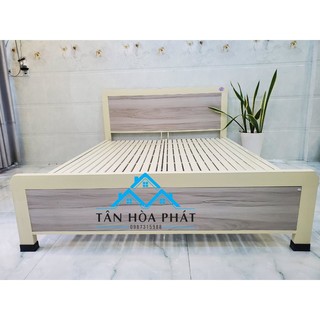 Giường sắt kết hợp gỗ kem nhạt 1m4x2m