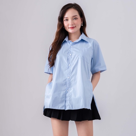 Áo xẻ tà vạt cúc - Aó Sơ mi cổ đức