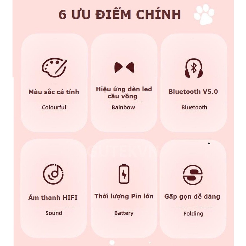 Tai nghe bluetooth chụp tai Gutek B39 tai mèo đèn led 7 màu có mic đàm thoại âm thanh chất lượng