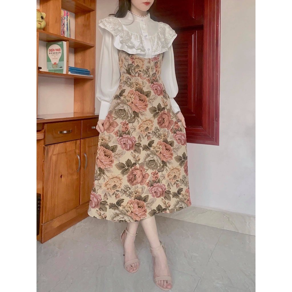 Set váy vintage dáng dài Miahouse đầm công chúa kết hợp áo sơ mi ren nữ Retro Pháp | BigBuy360 - bigbuy360.vn