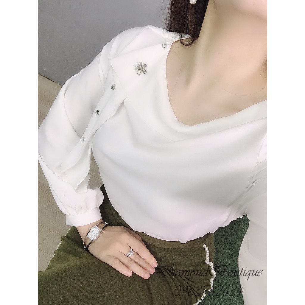 Áo sơ mi cổ thuyền đính đá (trắng)