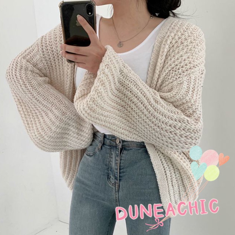 DUNEA Áo khoác len tay phồng cổ chữ V dáng rộng xinh xắn phong cách Hàn Quốc thời trang dành cho nữ