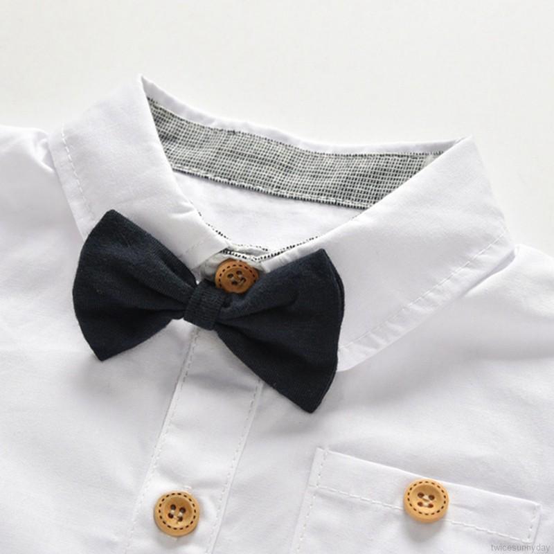 Set áo sơ mi ngắn tay + Quần yếm đính nơ đáng yêu dành cho bé trai