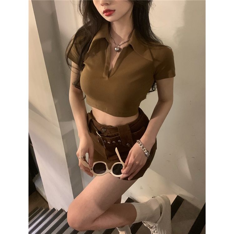 Áo polo Ngắn Tay Cổ V Lưng Cao Vừa Vặn Phong Cách retro Mỹ Cho Nữ