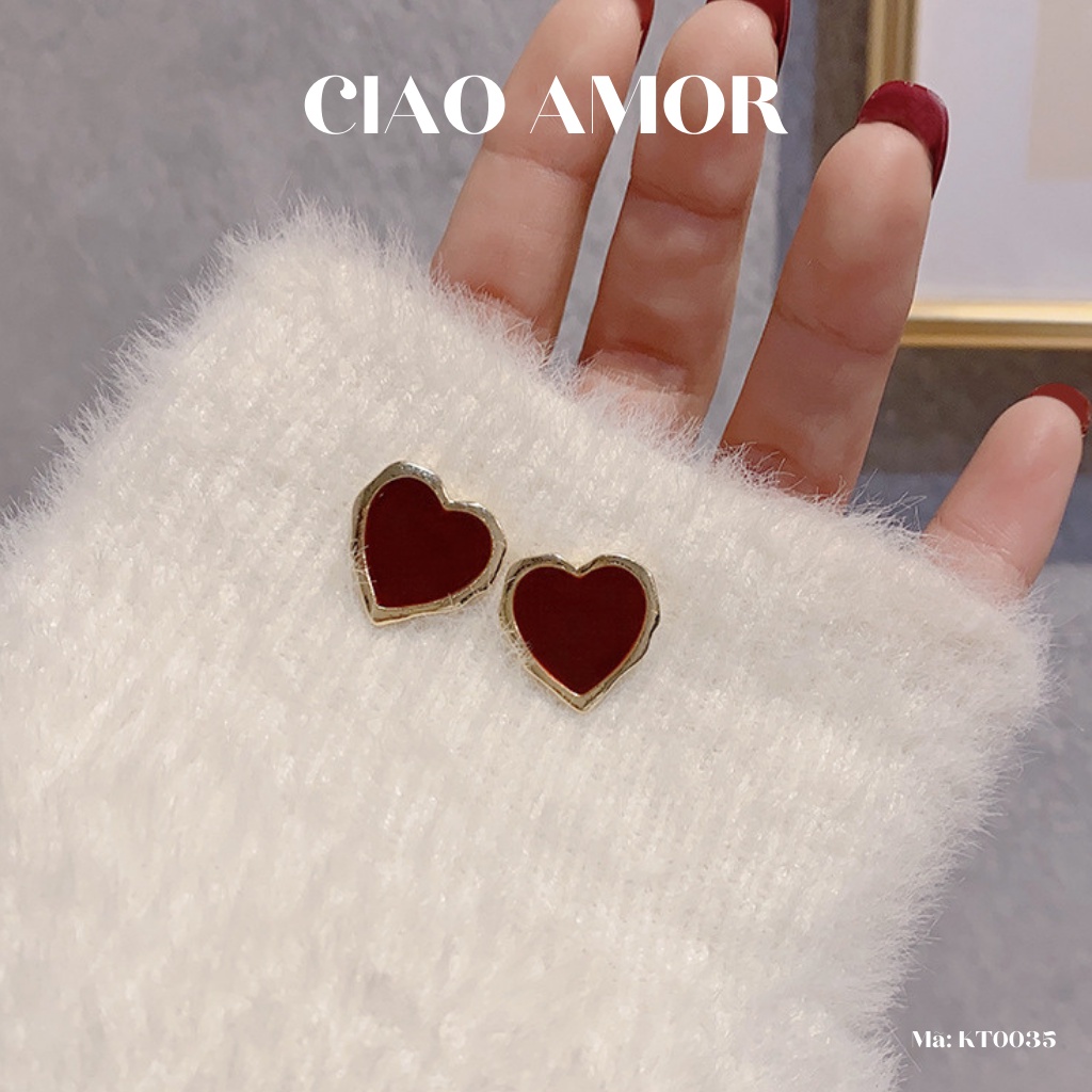 Khuyên tai nữ, bông tai nữ trái tim đỏ Trang sức Ciao Amor - Mã KT0035
