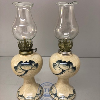 Combo 2 đèn thờ đốt dầu men rạn vẽ sen