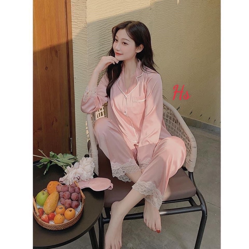Bộ pijama lụa dài phối ren , bộ ngủ 2 màu hồng xanh có kèm bịt mắt | BigBuy360 - bigbuy360.vn