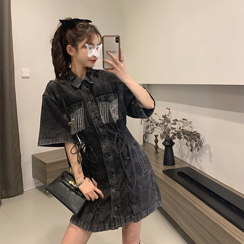 French style black denim skirt tasted waist a word polo dress summer 2022 new style