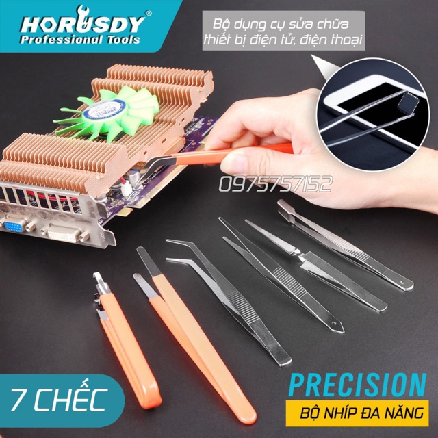 Bộ nhíp chính xác cao 7 chi tiết HORUSDY, thép không gỉ, chống tĩnh điện, chế tác trang sức, sửa chữa linh kiện điện tử