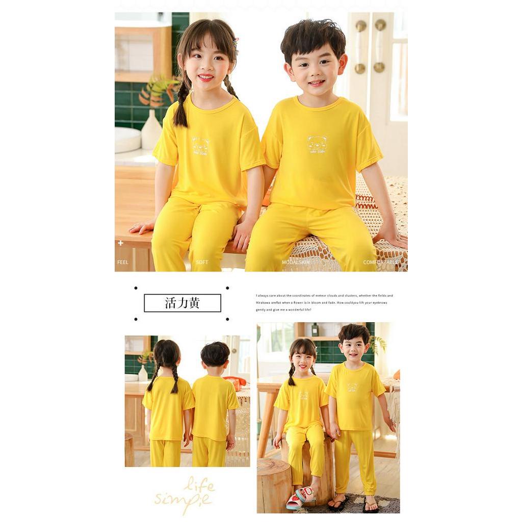 Bộ Áo Thun Tay Ngắn + Quần Dài Màu Trơn Bằng Cotton 100-150cm Thời Trang Mùa Hè Cho Bé
