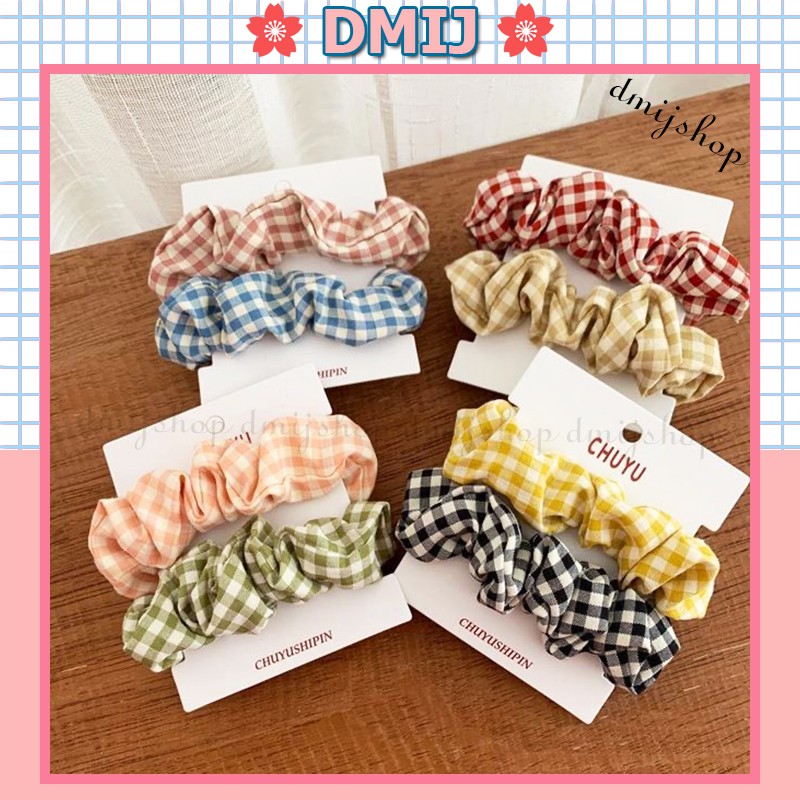 Set 2 Cột Tóc Vải Scrunchies Họa Tiết Caro Nhỏ