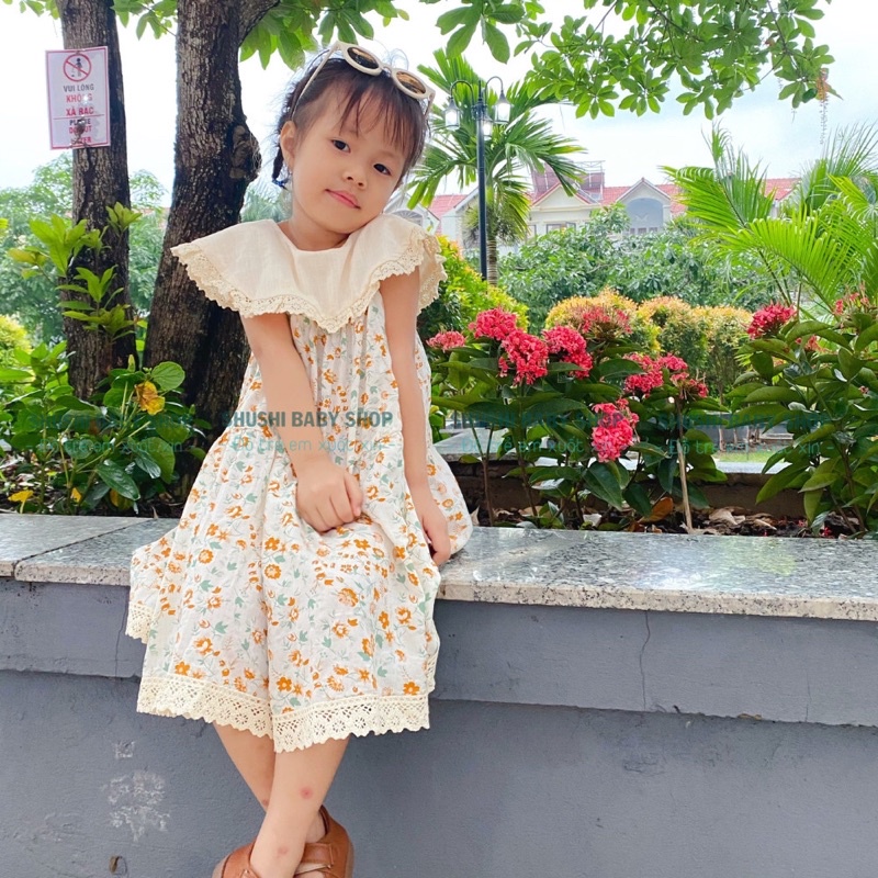 Váy bé gái cổ yếm babydoll viền bèo họa tiết hoa nhí vintage SHUSHI