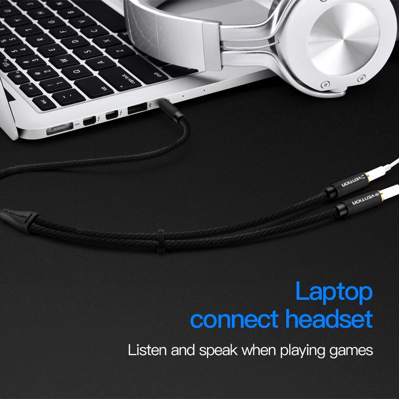 Dây cáp aux Vention chia một đầu cắm thành hai cổng 3.5mm cho tai nghe/micro