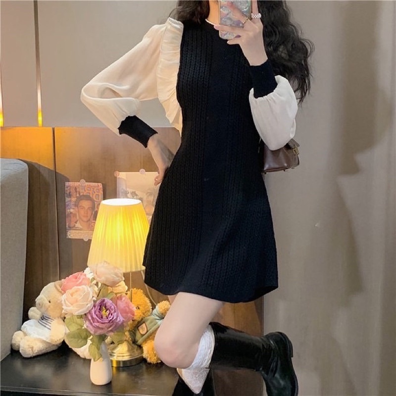 Váy len phối tay voan trắng ulzzang