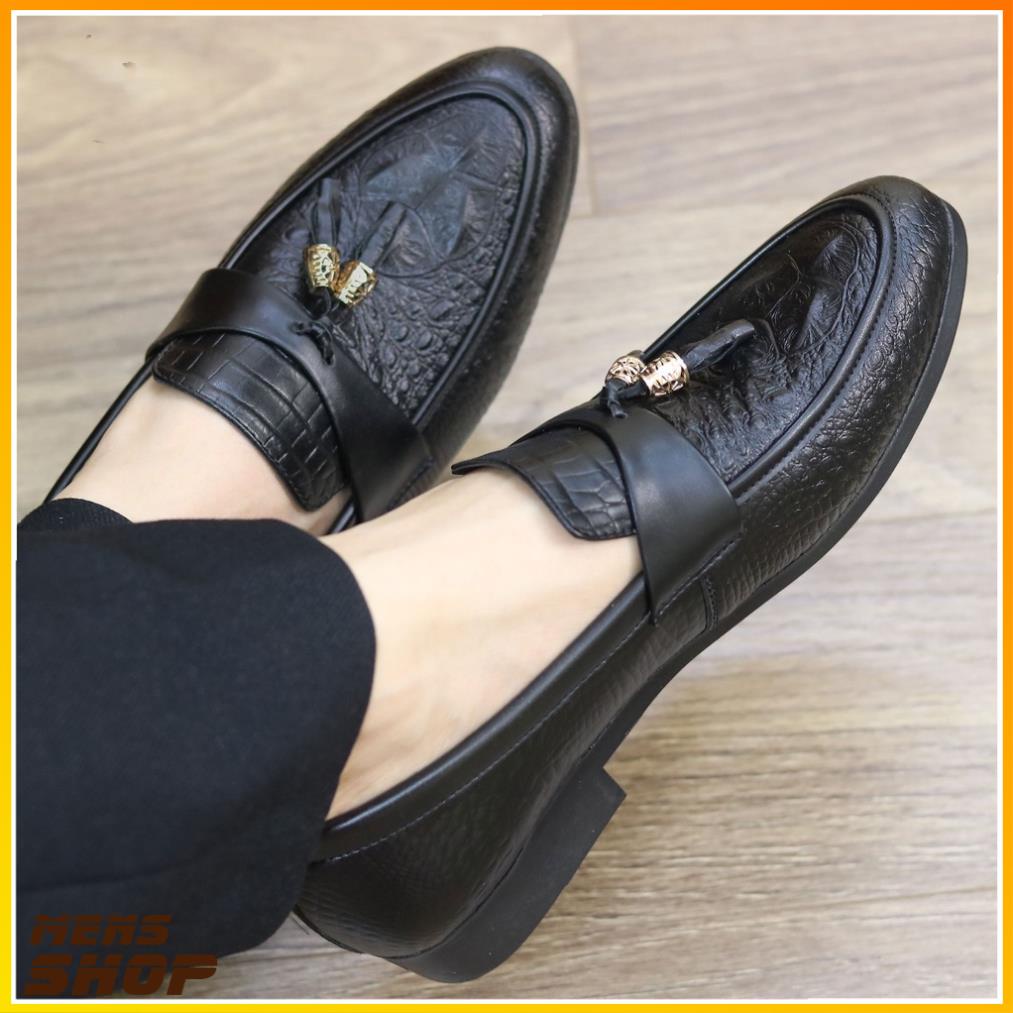 Giày Lười Nam Da Lì Dập Vân Cá Sấu Chuông Vàng