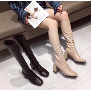 Bốt nữ đùi da lì da bóng khóa kéo sau Bốt đùi nữ da lì dưới gối nhăn nhún gót vuông mũi vuông tròn cao cấp 5cm