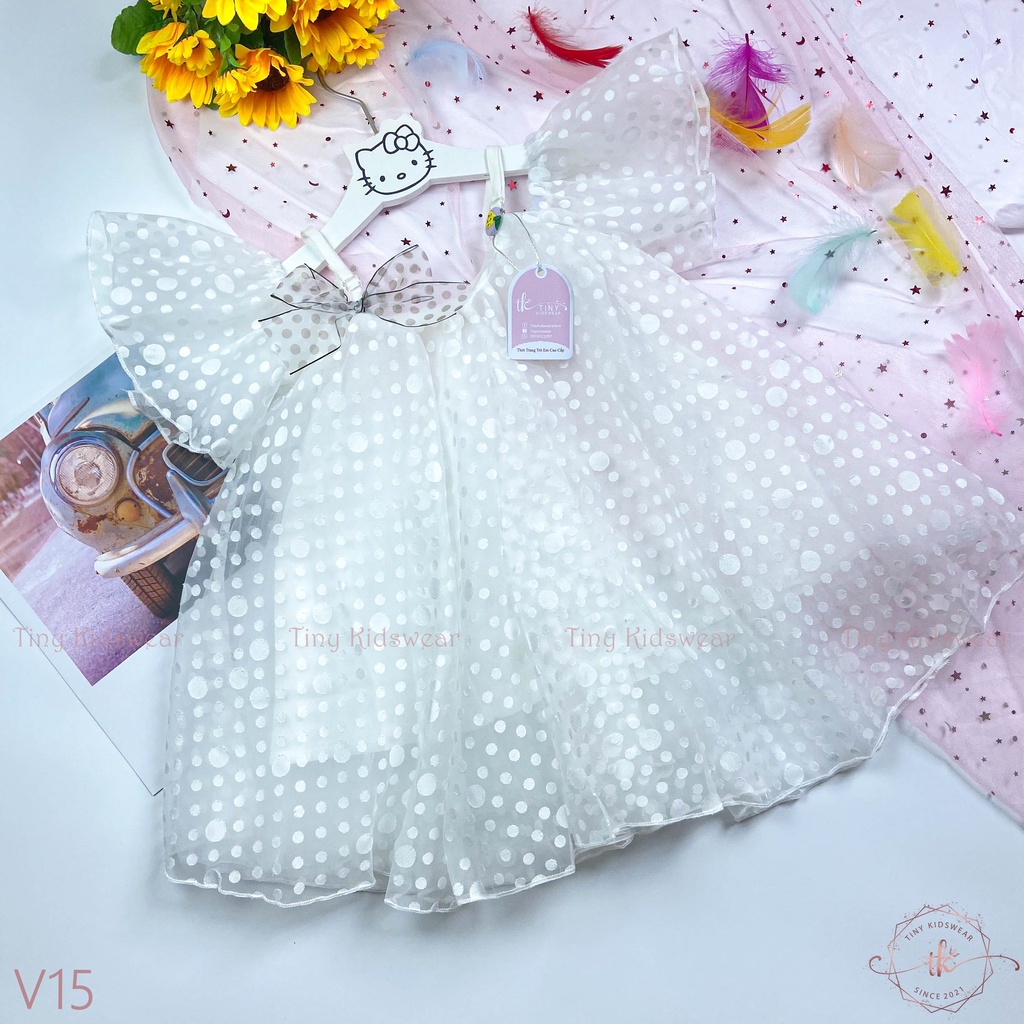 Váy Đầm Voan Trắng Chấm Bi Trễ Vai Cho Bé Gái Từ 10-18kg [V15]