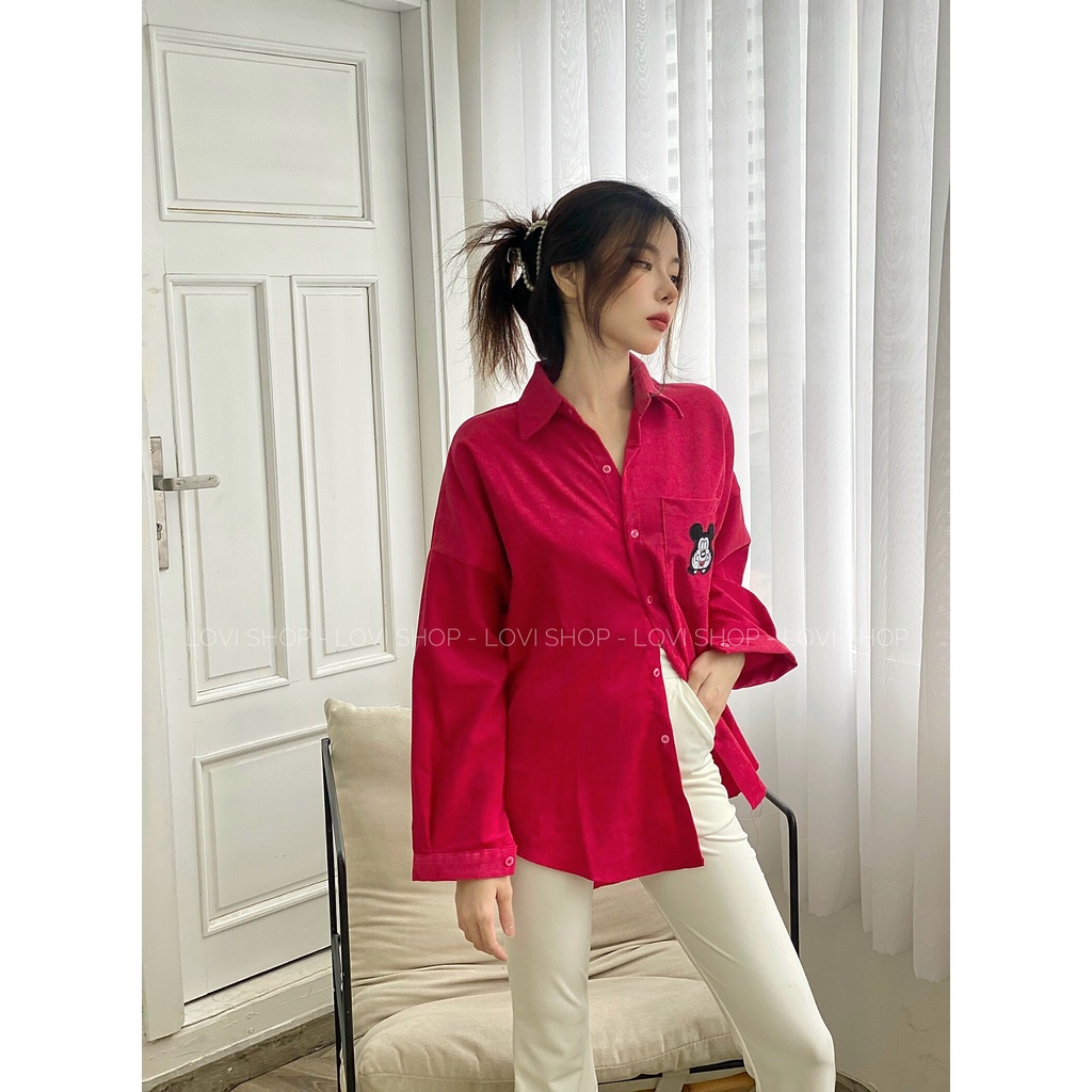 Áo sơ mi nhung tăm thêu Mickey nhiều màu Lovi