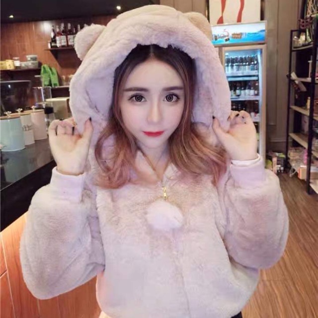 Áo khoác lông mũ tai gấu lông 2 mặt