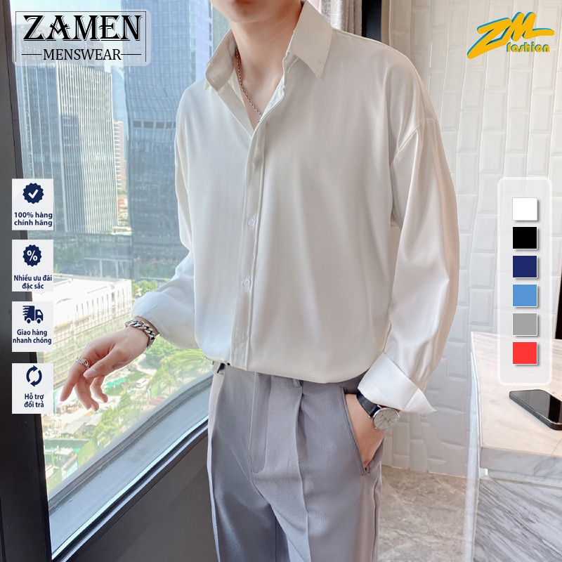 Áo sơ mi nam nữ ZM dài tay Unisex Basic Trơn Form rộng Chất cotton lụa mịn mát
