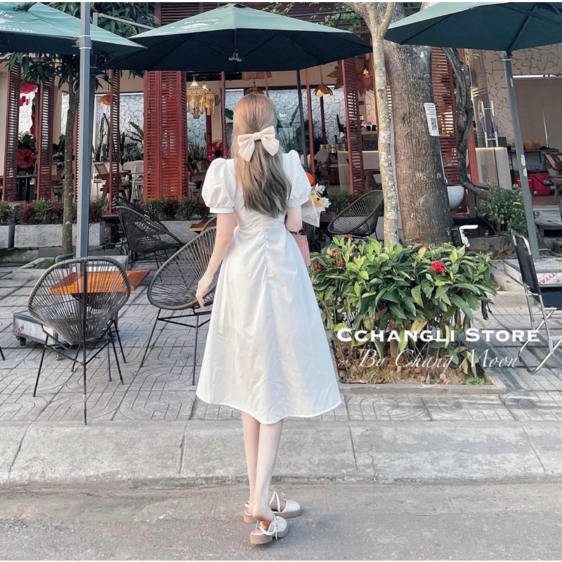 ĐẦM CỔ V MIDI NÚT BỌC TAY BÚP