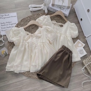 Set áo voan quần nâu babydoll buộc nơ sau tiểu thư