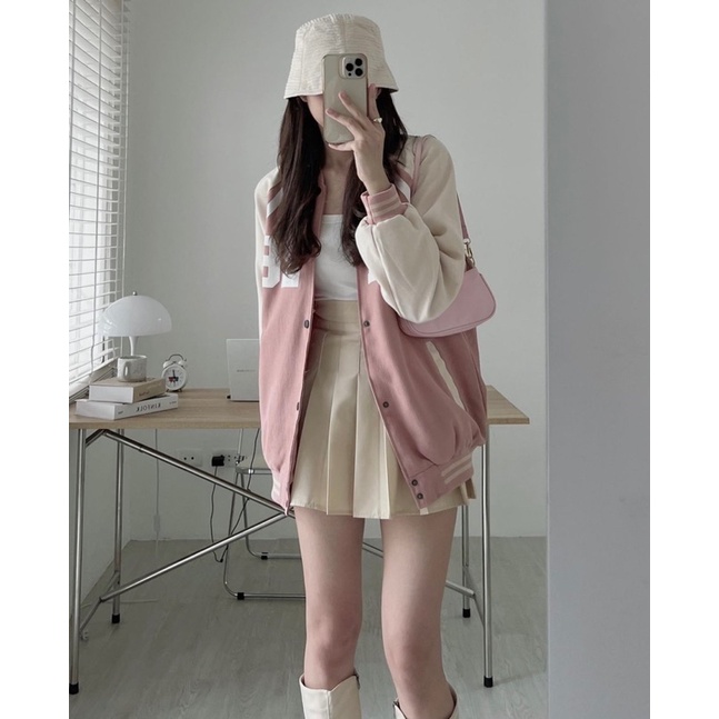 Áo Khoác Bomber Nỉ F426 Form Rộng Unisex, Áo Bomber Nữ Màu Hồng Dễ Thương
