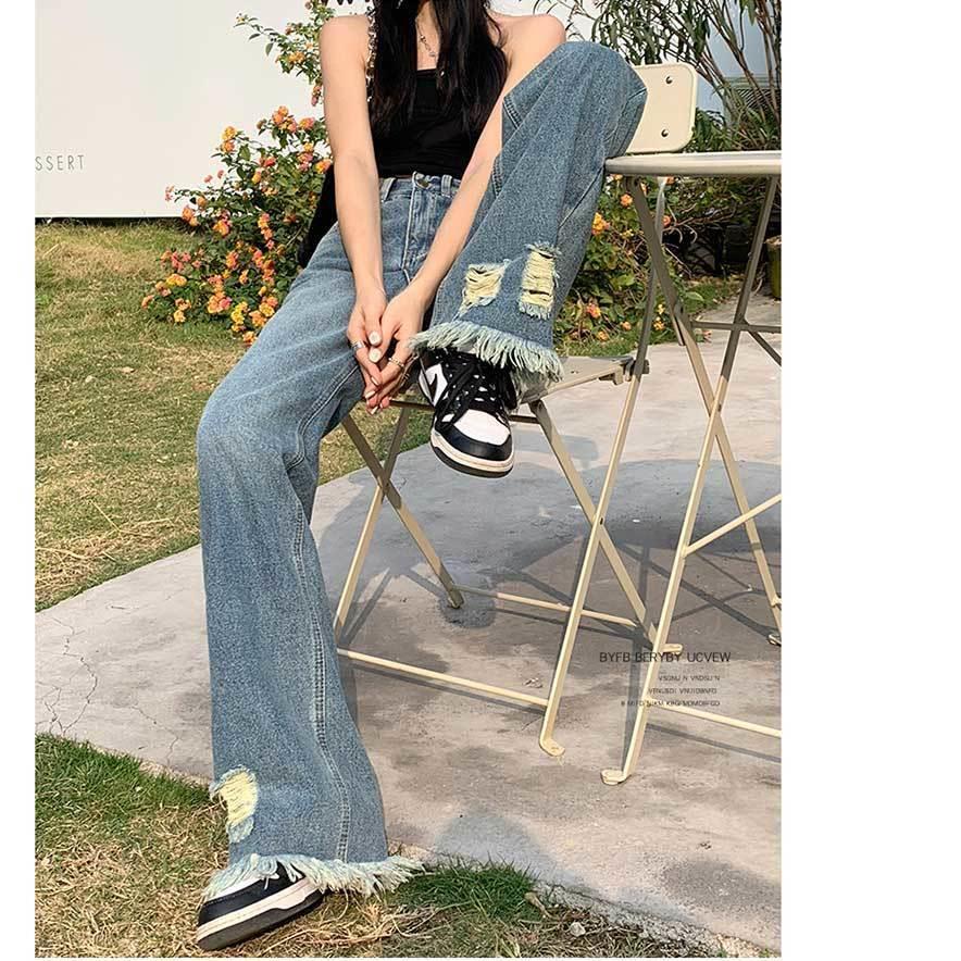 Quần Jean Nữ Ống Rộng Lưng Cao Phối Tua Rua Phong Cách Đường Phố Mẫu Mới 2022