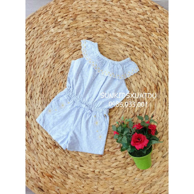 Jumsuit bé gái viền hoa cổ xanh