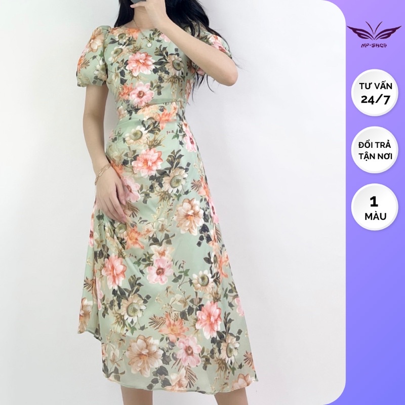 Đầm nữ midi dáng dài qua gối tay phồng hoạ tiết hoa dạo phố NPDAM007