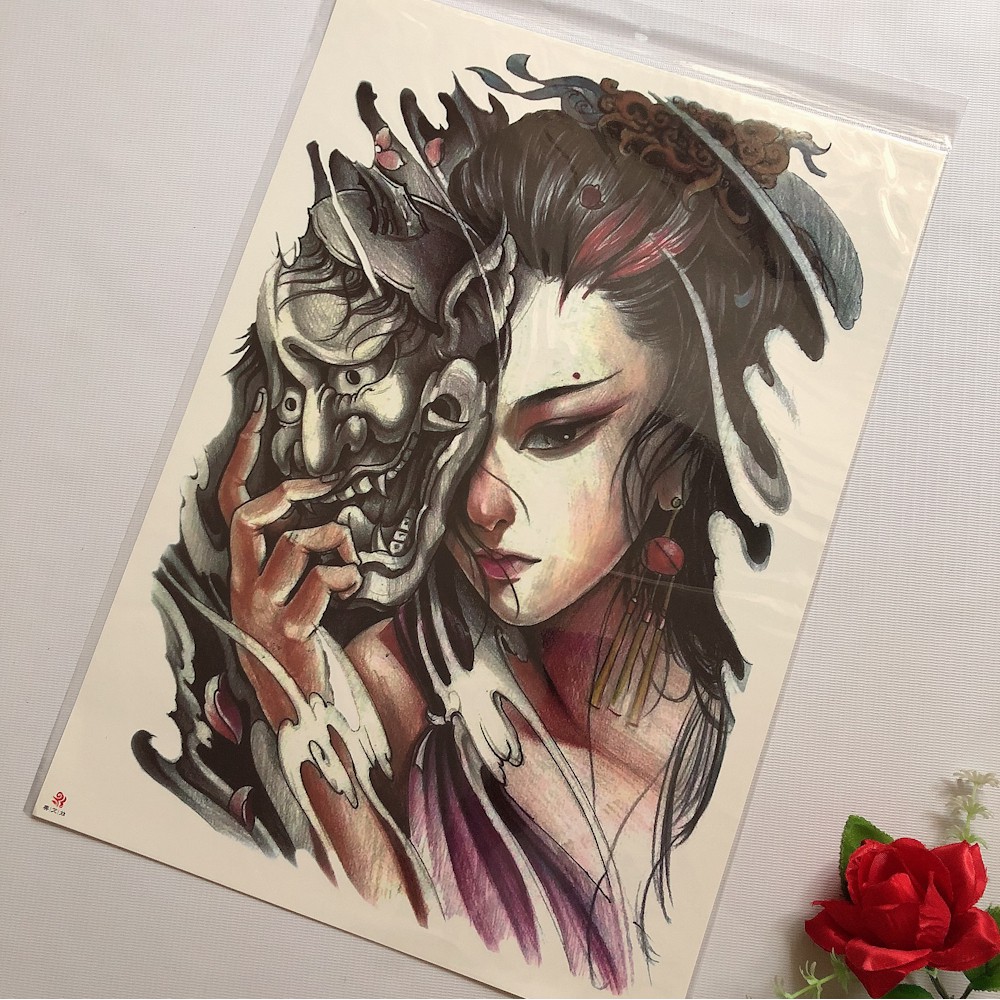 Hình xăm dán kín lưng cao cấp cô gái sói màu 34x48cm- tặng bắp tay tattoo 15x21cm