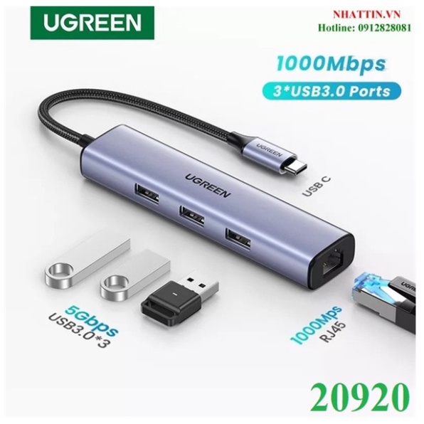 Hub chuyển đổi USB Type-C ra Lan 1000Mbps Kèm HUB 3 Cổng USB 3.0 Ugreen 20920 cao cấp - Phân Phối Chính Hãng