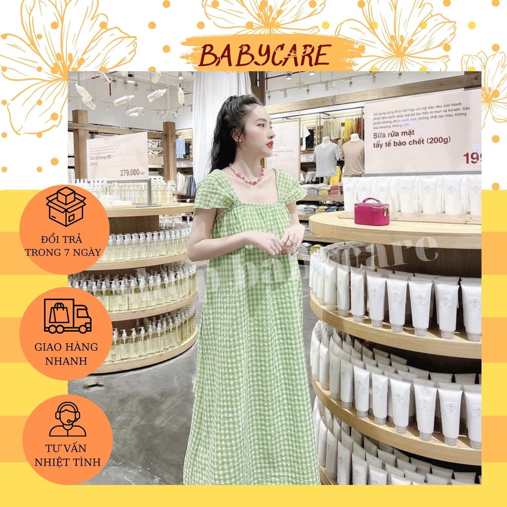 VÁY BẦU 2 DÂY BẢN TO CHẤT THÔ HÀN XỐP KẺ CARO-ĐẦM BẦU MÙA HÈ CHẤT MÁT NHIỀU MÀU