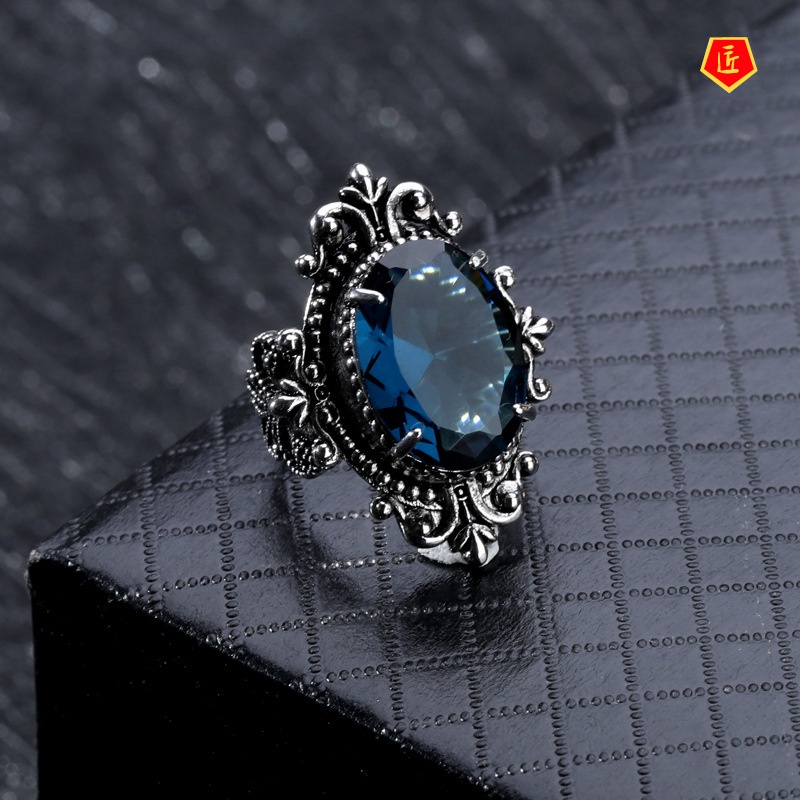 (Hàng Có Sẵn) Nhẫn Xi Mạ Bạc 925 Đính Đá Topaz Xanh Phong Cách Retro Âu Mỹ