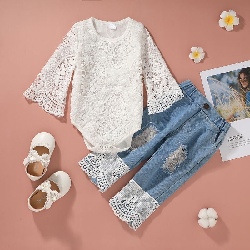 Combo bộ đồ bé gái 0-24 tháng dài tay áo phông Quần Jean set mùa hè thời trang cho bé trẻ em sơ sinh