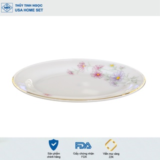 Đĩa xoài viền vàng 22K họa tiết hoa màu hồng Thủy Tinh Ngọc USA Homeset cao cấp nhập khẩu chính hãng