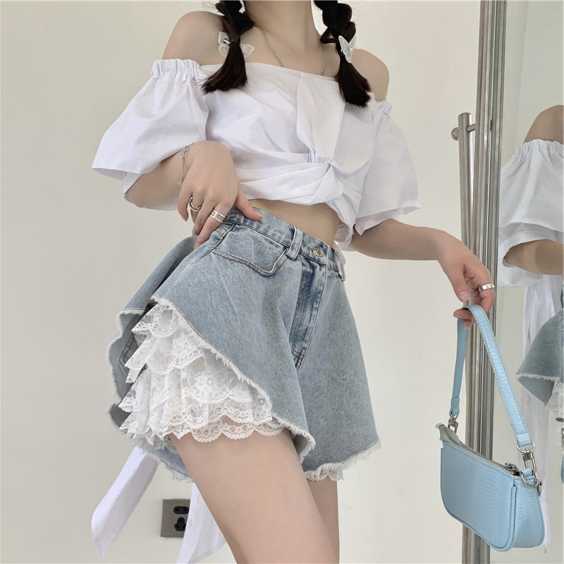 Quần Short Denim Viền Ren Gợi Cảm Hợp Thời Trang