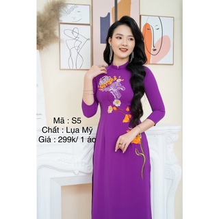 Áo dài truyền thống lụa mỹ cao cấp đẹp thêu thủ công màu tím huế