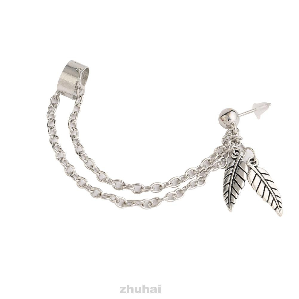 1pc Women Daily Alloy Fashion Jewerly Retro Clip On Double Leaves Long Dangle Chain Tassel Ear Cuff