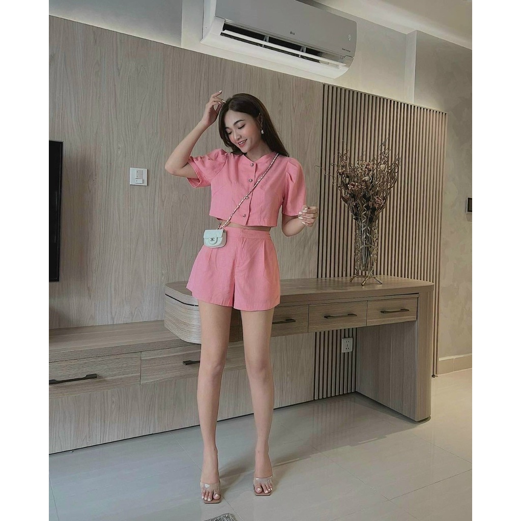 Set bộ nữ công sở, set áo vest croptop cổ tròn quần short phồng, set bộ vest đùi tay búp nút đi chơi đi làm trẻ trung