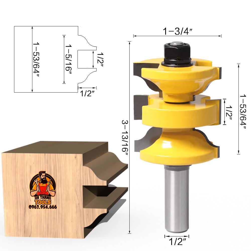 BỘ 3 MŨI PHAY GỖ GHÉP MỘNG CỬA CHÍNH CỐT 12LY7 - DÙNG CHO VÁN DÀY 35-47MM