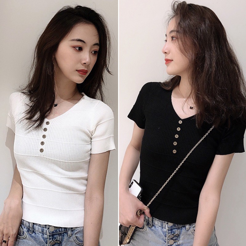 [Baywellfashion]Freeship từ 50K - Áo dệt kim tay ngắn phối nút thiết kế cổ chữ V quyến rũ | BigBuy360 - bigbuy360.vn
