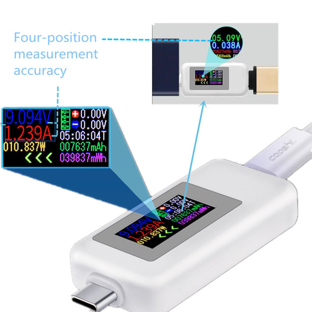Màn hình màu 10 trong 1 DC Type-C Bộ kiểm tra USB 0-5A Bộ sạc USB điện áp 4-30V hiện tại Bộ đo năng lượng Máy dò pin di động