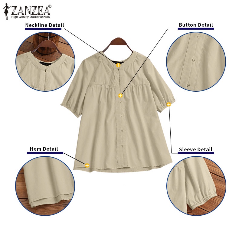 Áo kiểu ZANZEA tay lửng cổ tròn xếp ly cài nút thời trang tùy chọn màu sắc dành cho nữ
