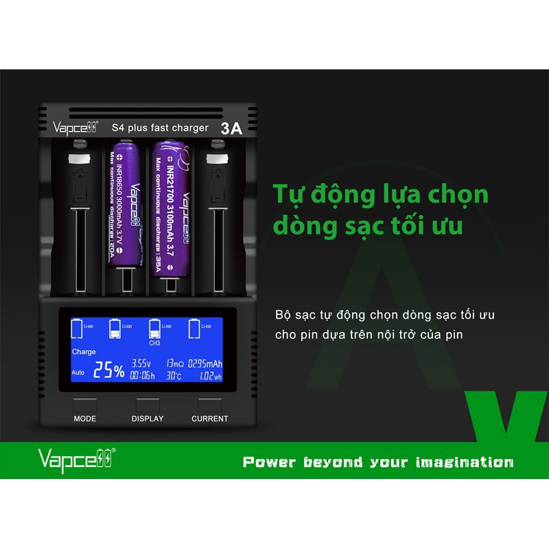 Sạc pin đa năng cao cấp VAPCELL S4 PLUS v2 4 khe cắm dòng sạc lên đến 12A tương thích với nhiều loại pin