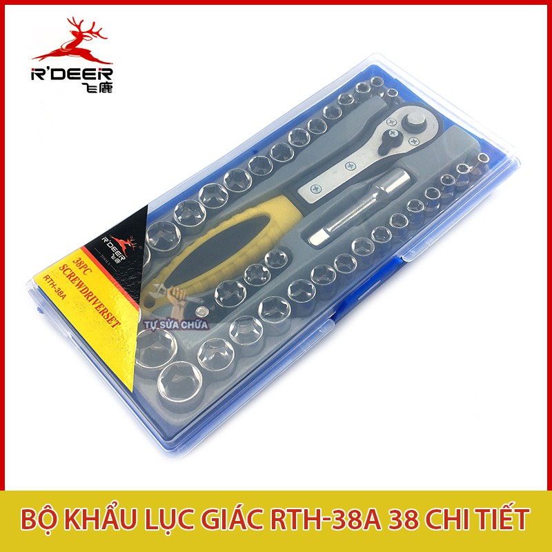 Bộ khẩu 38 chi tiết Nhập Khẩu bằng thép Chrome vanadium 1/4 3/8 RDEER RTH-38A (Cần tự động) Kèm hộp đựng, Bộ tuýp 38