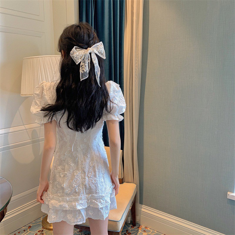 Đầm Tay Phồng Ôm Eo Cổ Vuông In Họa Tiết Hoa Nữ Tính Kiểu Hàn Quốc | BigBuy360 - bigbuy360.vn